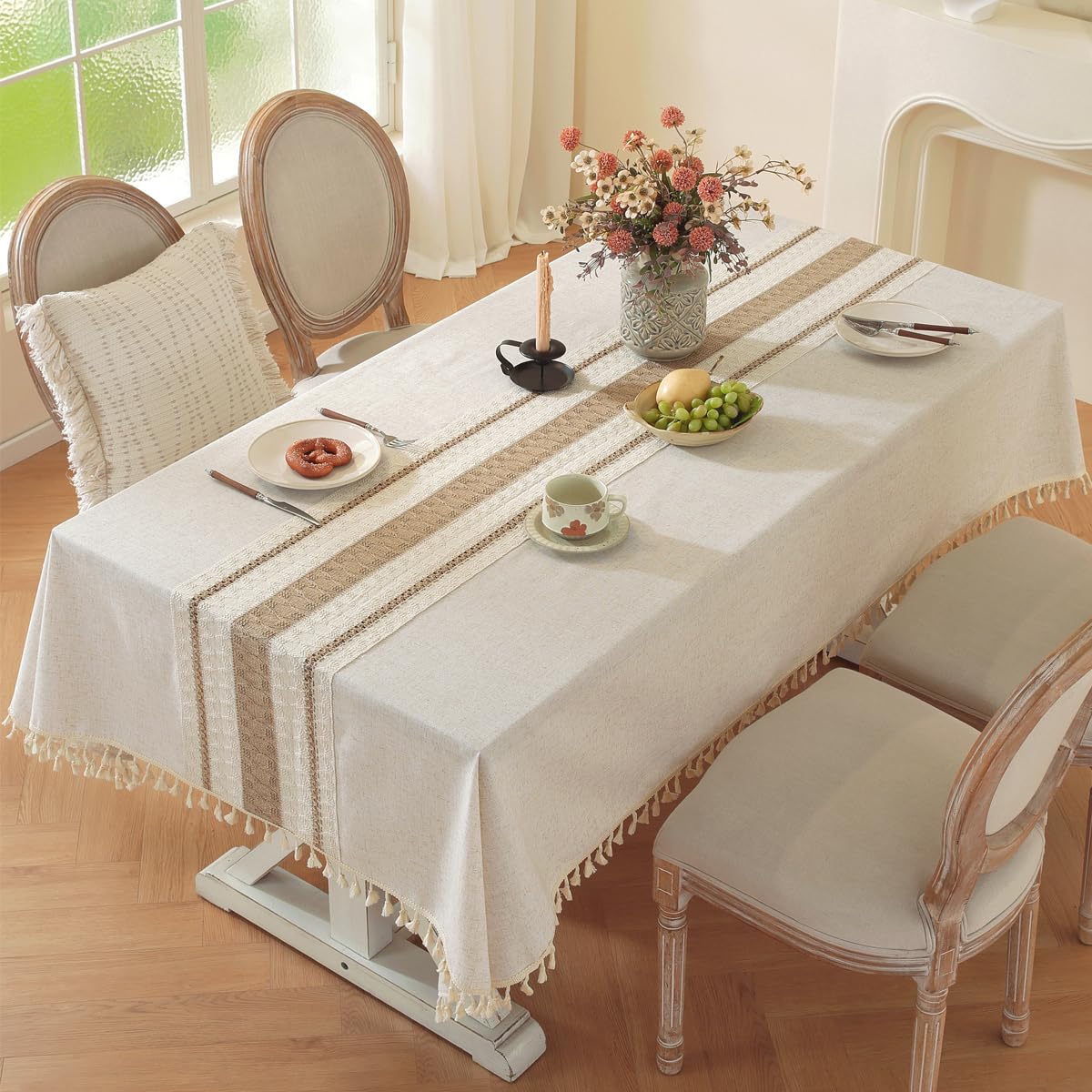 Colorigan Table Cloth, Cotton Linen Tablecloths Heavy Duty Wrinkle Free Table Cover with Tassels for Farmhouse Kitchen Dining Tables, Brown Lines,6-8 Seats