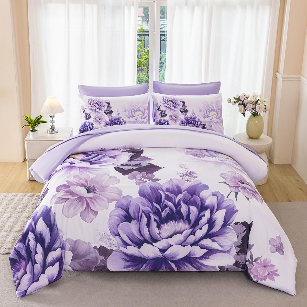 ZSYAYAHA Purple Comforter Set Queen 7 Pieces Floral Bedding Set for Women Flower Bed Set Soft Reversible Pink Peony Bed in A Bag with Sheets(Purple, Queen)