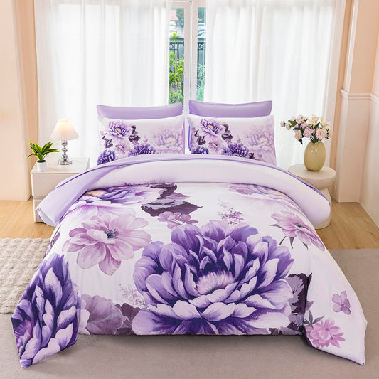 ZSYAYAHA Purple Comforter Set Queen 7 Pieces Floral Bedding Set for Women Flower Bed Set Soft Reversible Pink Peony Bed in A Bag with Sheets(Purple, Queen)