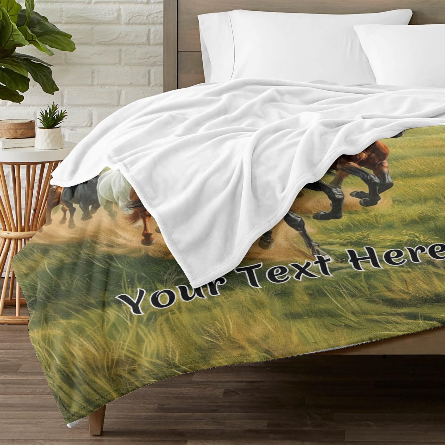 Personalized Horses Blanket with Name, Galloping Running Horse Soft Decorative Flannel Throw Blanket for Bed Couch, Birthday