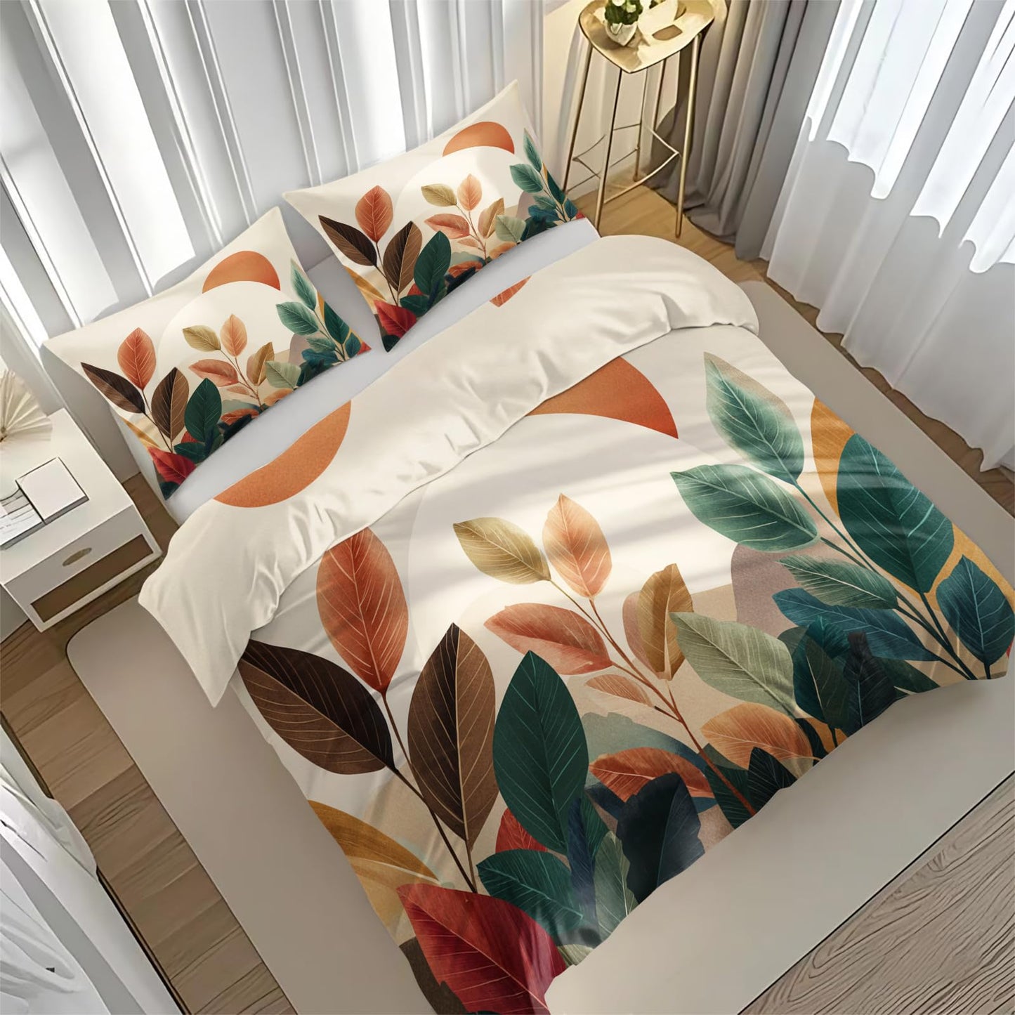 Boho Duvet Cover Set 3 Pieces California King, Mid Century Modern Abstract Botanical Sun and Leaves Bedding Set, Soft Microfiber Comforter Cover with 2 Pillow Shams