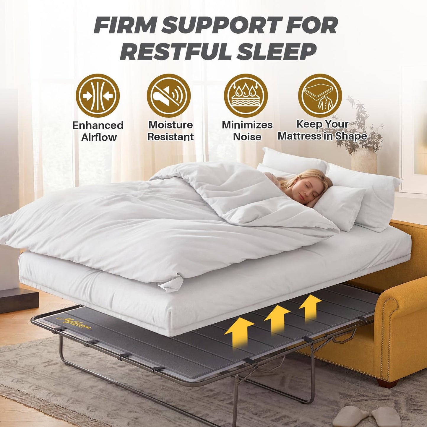 MYLIFESION Sleeper Sofa Support Board Queen Size (54”x64”), Sofa Bed Board for Pull Out Couch, Folds Up with Frame, Under Mattress Bar Shield