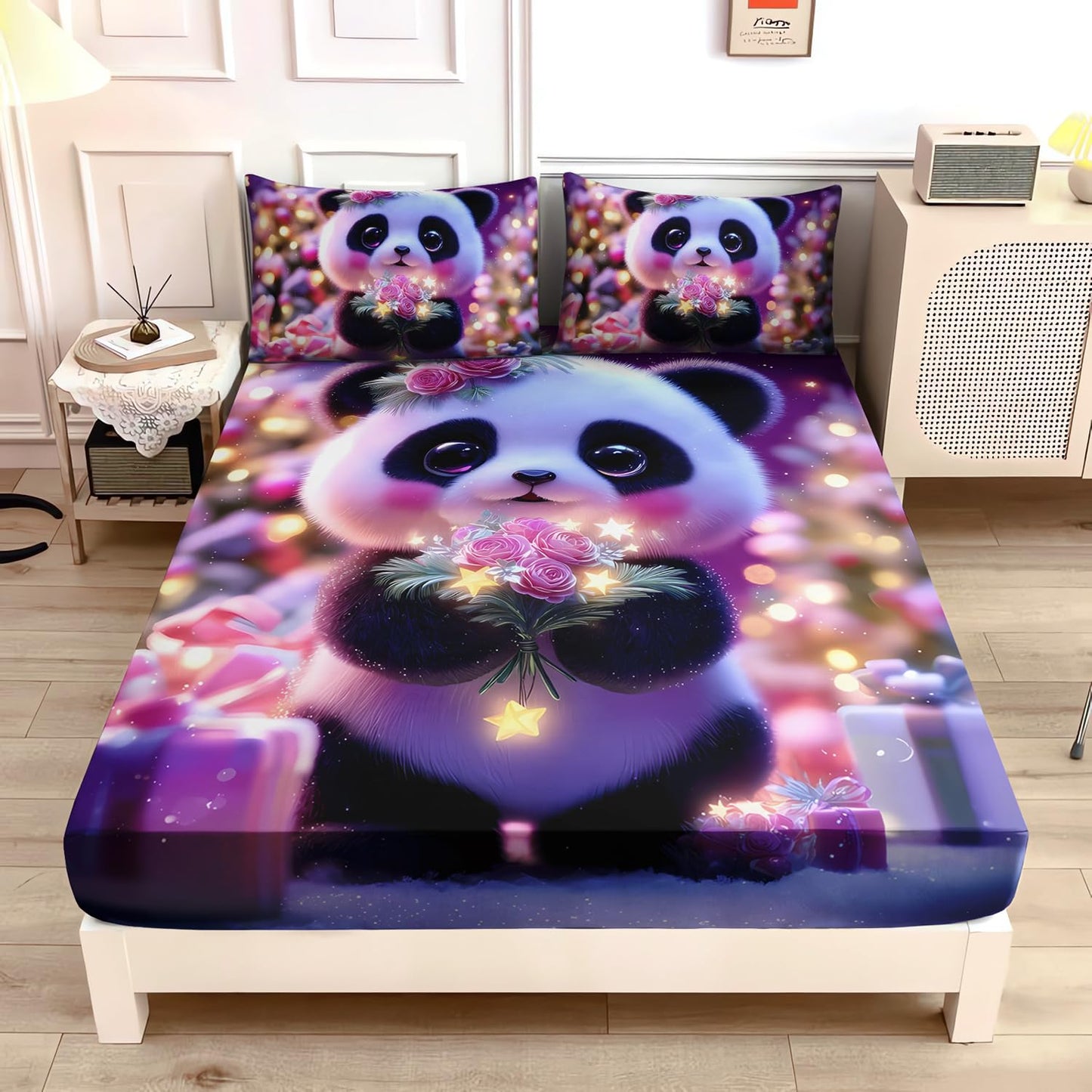 UEVBF Cute Panda Fitted Sheet Set Twin Size,Flowers Stars Toddler Bedding for Kids Girls Boys Room Decor,Kawaii Cartoon Animal Themed Bedding Sets,1 Fitted Sheet+2 Pillowcases.