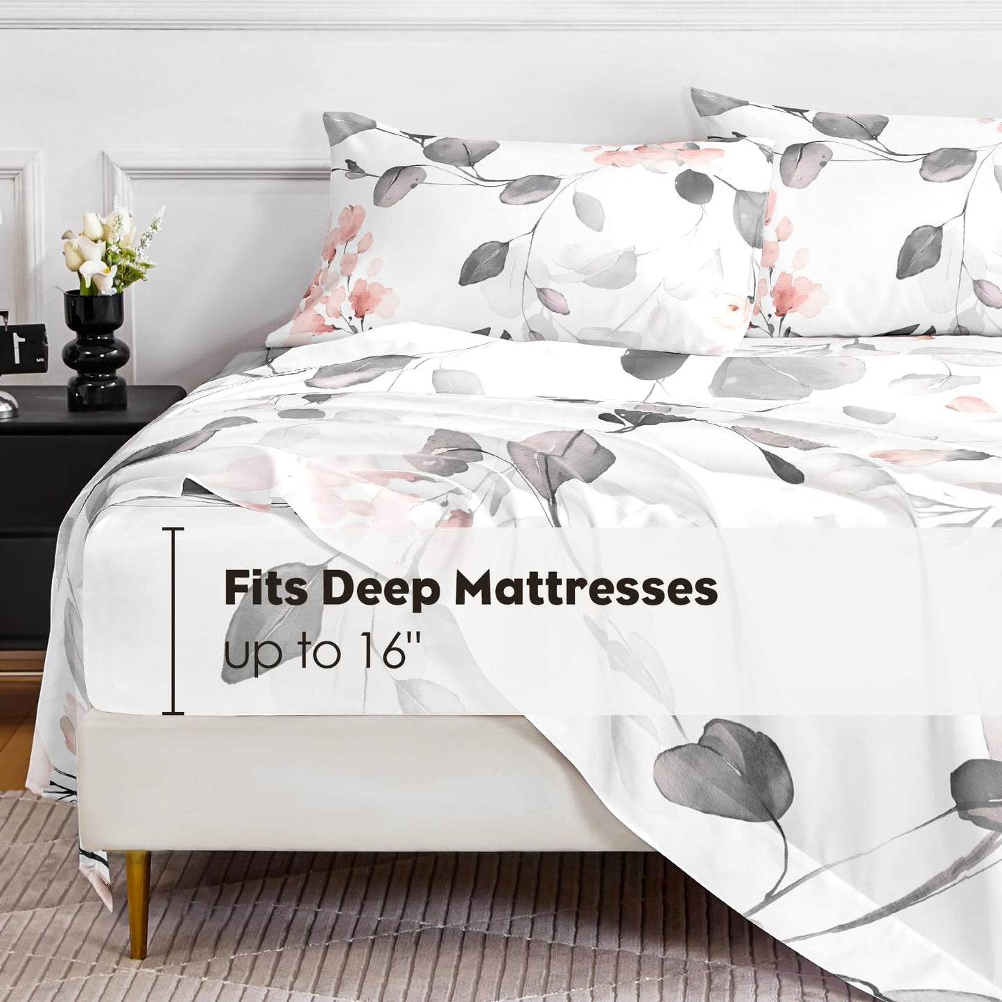 HCORA Floral King Size Sheets Set, Luxury 1800TC Hotel Quality Double Brushed Microfiber Deep Pocket Bed Sheets, Ultra Soft, Breathable and Cooling, 4PC, King