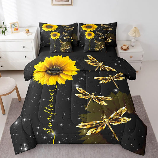 Erosebridal Sunflower 7 Piece Comforter Set Full Bed in a Bag,Gold Dragonfly Bedding Sets Glitter Starry Sky Galaxy Comforter and Sheet Set,Sunny Flower Rustic Aesthetic Animal Room Decor