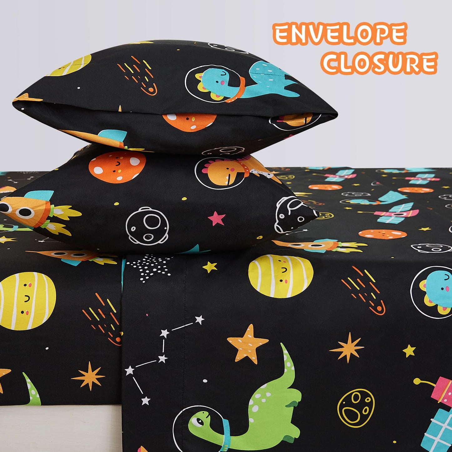 Yibeizi Dinosaur Space Twin Sheets Set for Boys, Kids Cute Planet Printed Microfiber Bedsheets Deep Pocket Bed Sheet & Pillowcase Sets 3 Pieces