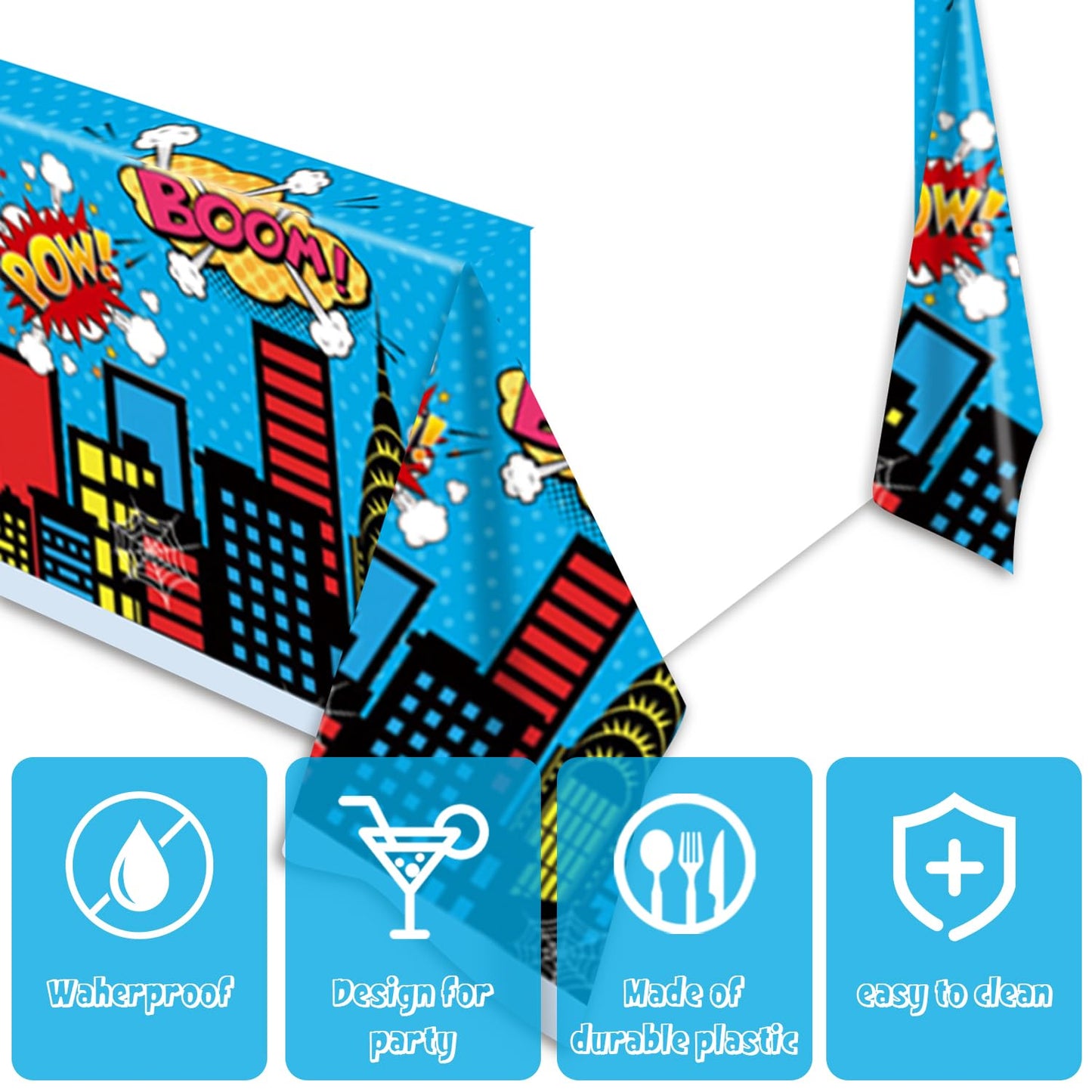 LANHYER 2Pack Super Theme Hero Tablecloth Birthday Party Decoration Include Tableware Supplies Tablecloth for Cityscape Kids Baby Shower Birthday Party Decorations