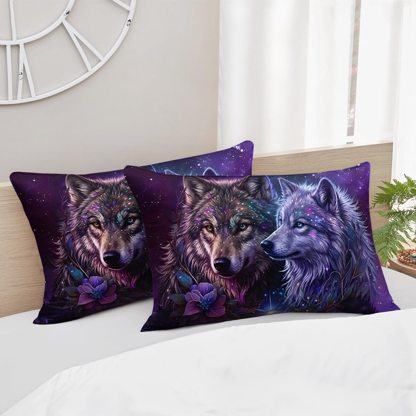 AILONEN Wolf Comforter Set Queen Size - 3Pcs Purple Starry Night Galaxy Bedding for Boys Men, Wild Animals Print Duvet with 2 Pillowcases