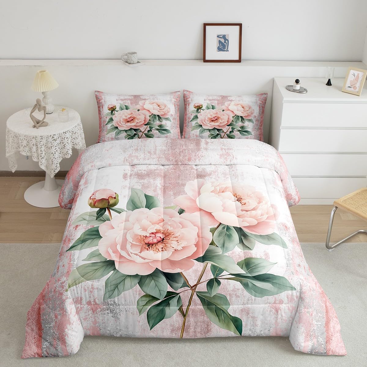 Erosebridal Pink Peony Flower Queen Comforter Set Spring Blossom Bedding Set Abstract Oil Painting Bed Set Watercolor Floral Rustic Farmhouse Quilt Set Ombre Pink Grey Design for Adults