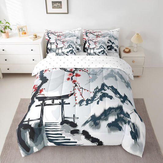 Erosebridal 7 Piece Red Cherry Blossoms Bed in a Bag Full,Chinese Ink Painting Style Sheet Set Romantic Themed Bedding with Comforter Winter Theme Floral Print Cushion Covers Botanical Flowers Bed Set
