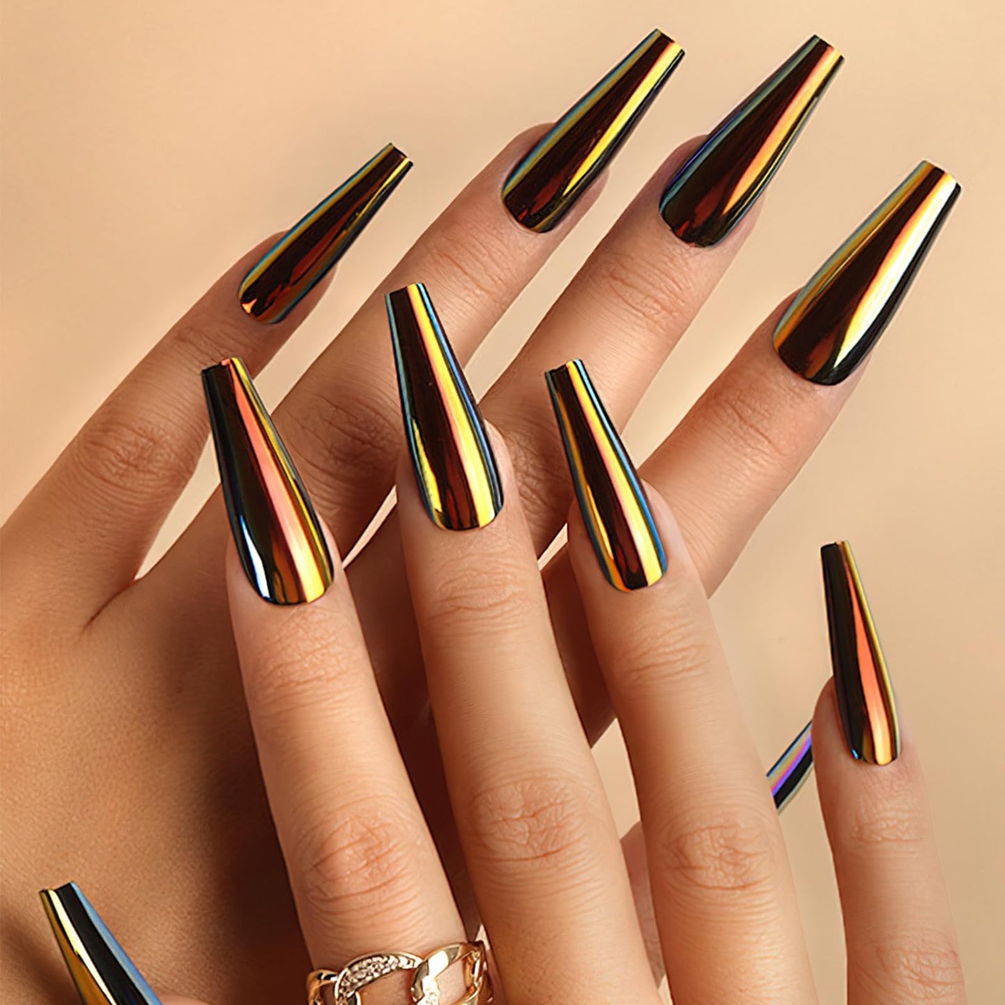 ROFIBUT 24pc Chrome Press On Nails Long Ballerina Glue on Nails Holographic Fluorescent Art Coffin False Nails Laser Mirror