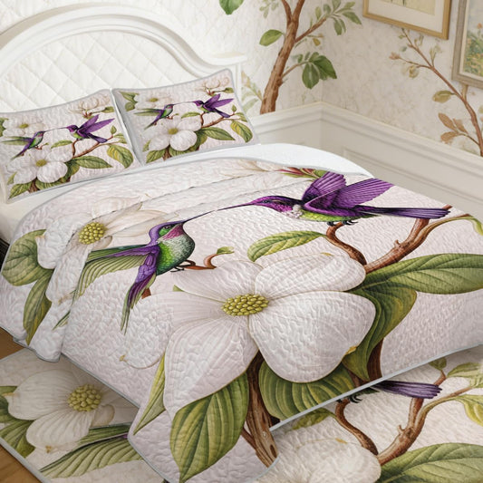 ARIGHTEX Flower Bird Quilt Set Queen Size Magnolia Couple Hummingbird Floral Bedding Set Lightweight Botanical Quilt Soft Microfiber Bedspread Romantic Coverlet Set with Shams