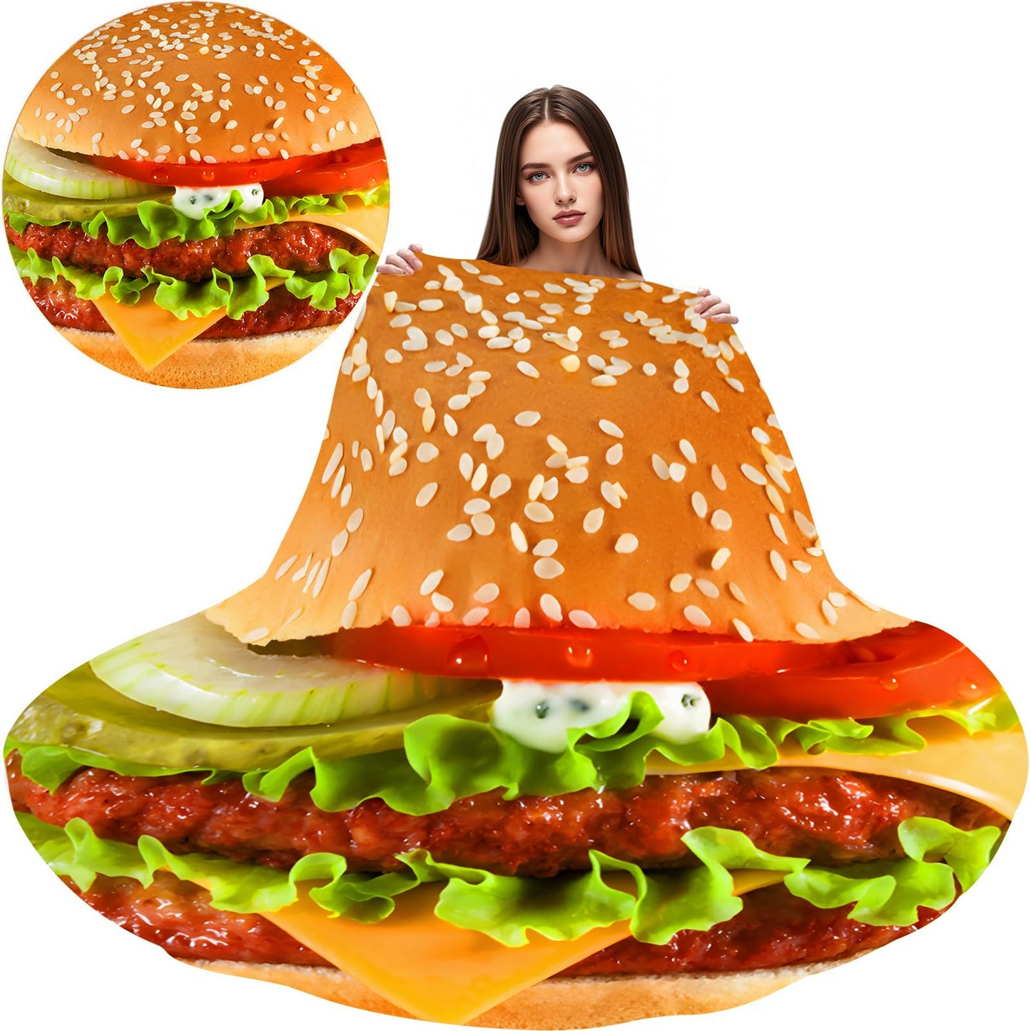Hamburger Blanket for Kids Adults Round Cozy Flannel Funny Gifts Realistic Food Throw Blankets Novelty Soft for Men Women for Bed Couch 48 Inches