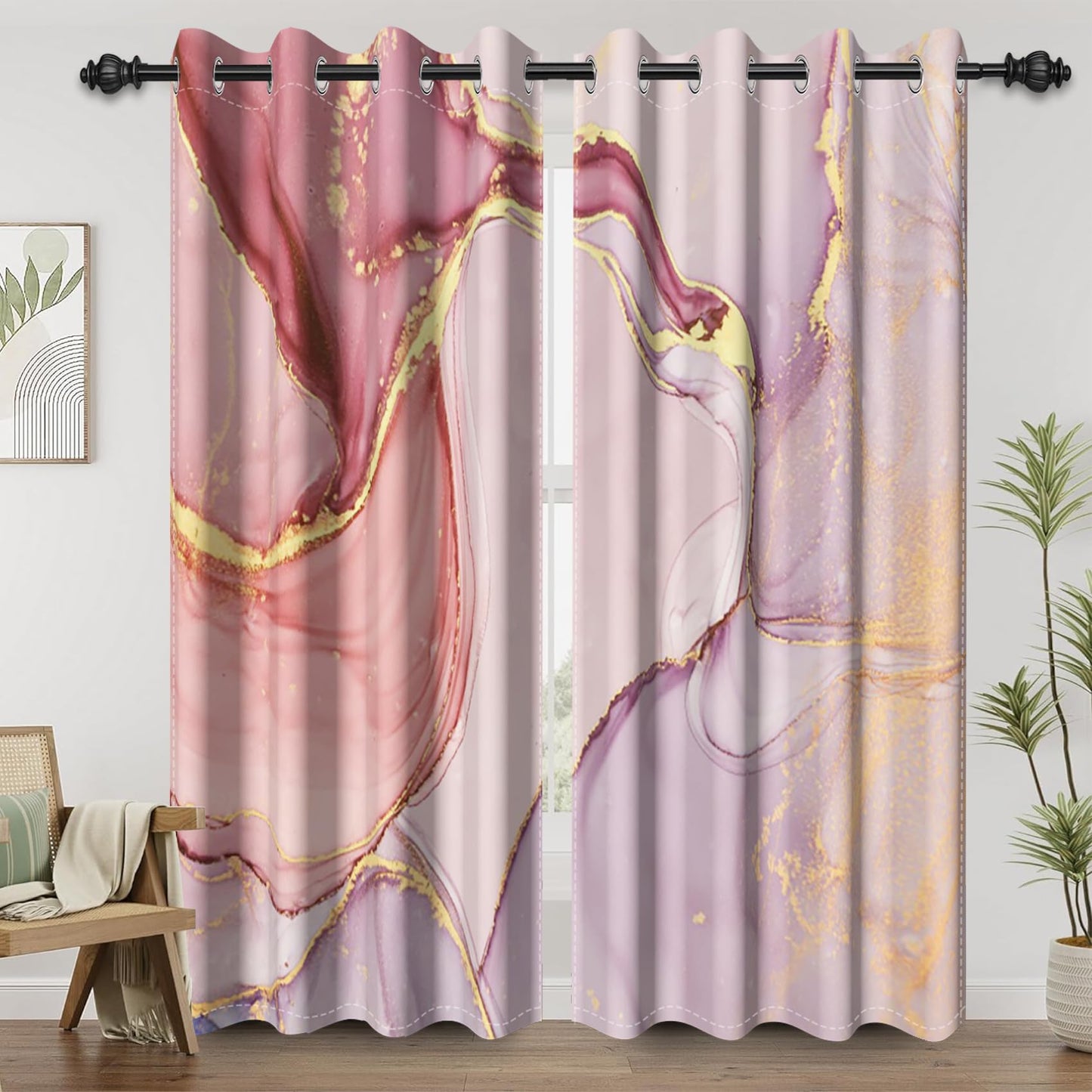 Renaiss Pink Marble Blackout Curtains for Bedroom Abstract Liquid Gold Texture Window Curtain Modern Luxury Ink Art Window Drapes for Living Room Decor Curtains 2 Panels Set, 42x63 Inch