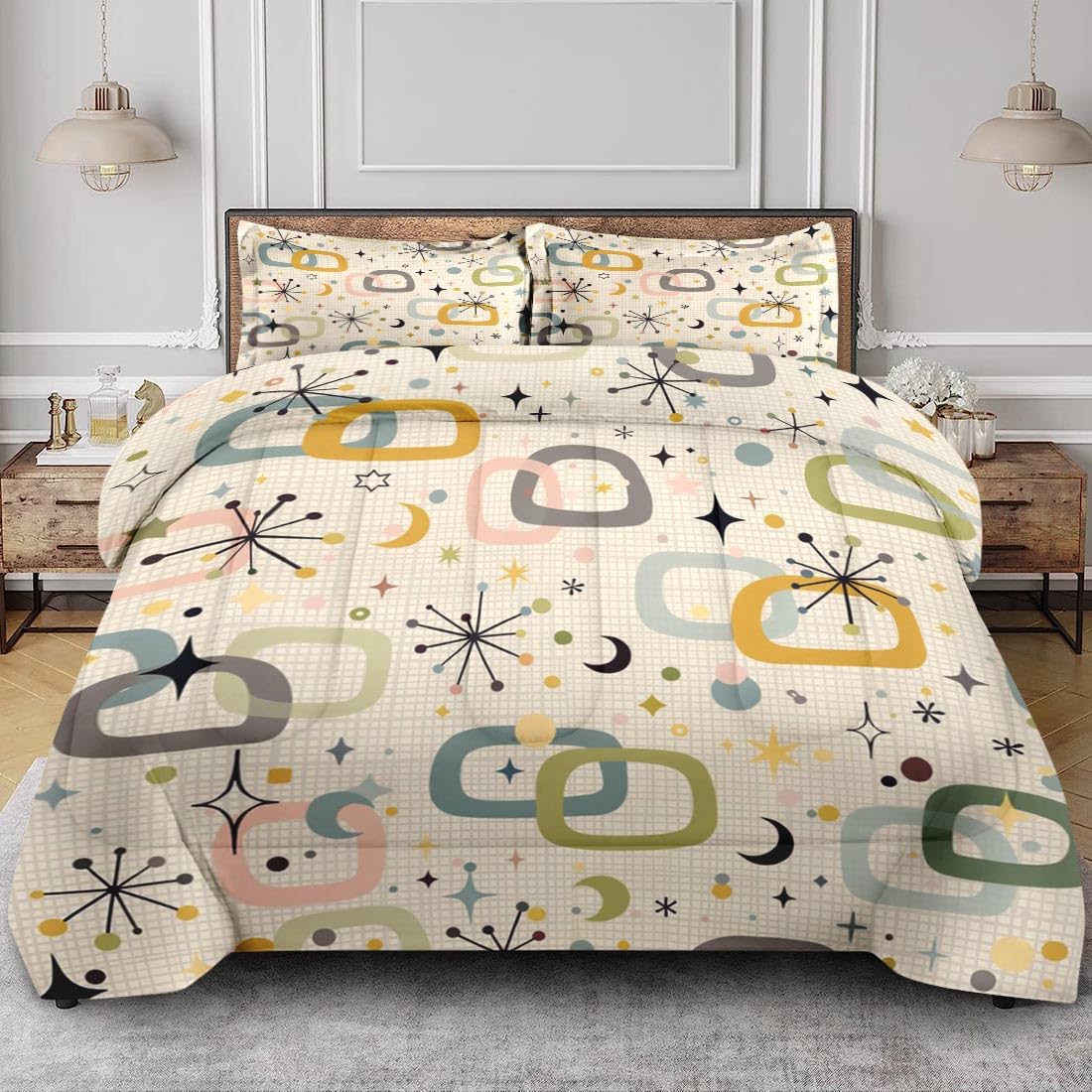 Nesphy Retro Mid Century King Comforter Set, Atomic Starburst Modern Bedding Set 3 Piece, All Season Soft Children Adults Bedroom Bed Decoration Comforter and 2 Pillow Shams