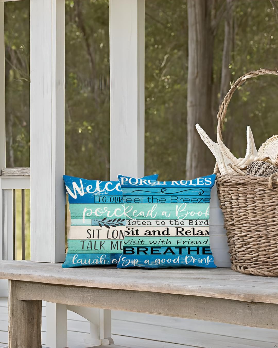 Jartinle Waterproof Outdoor Pillow Covers 18x18 - Turquoise Blue Beige Woodgrain Coastal Farmhouse Welcome to Porch Decorative Cushion Covers for Patio Furniture, Set of 2