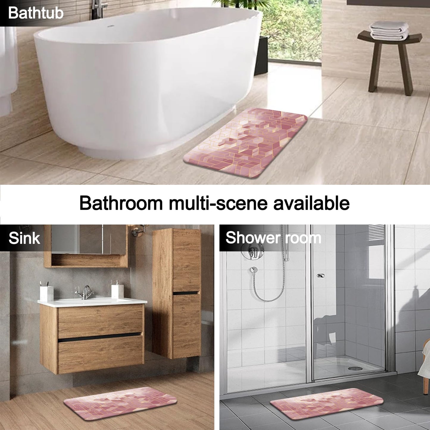 Lnond 4Pcs Bathroom Sets with Shower Curtain and Rugs, Pink Bathroom Shower Curtain Sets, Pink Gradient Modern Bathroom Sets with Rugs and Accessories