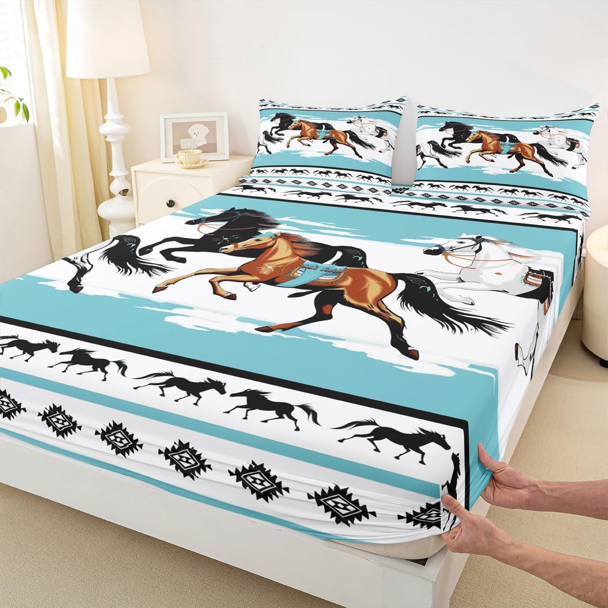 jejeloiu Horses Bed Sheets Set Queen Size Tribal Farm Sunset Run Bed Set Farmhouse Wildlife Deep Pocket Fitted Sheet Southwestern Native Aztec Breathable Soft Lightweight Microfiber