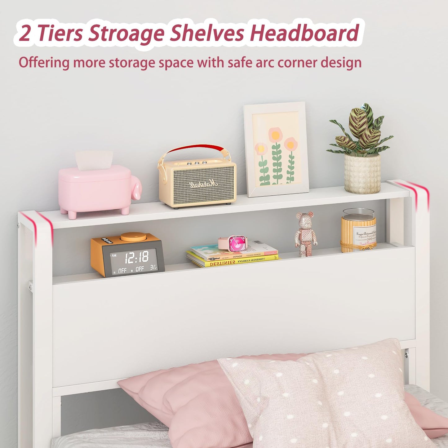 Weehom Twin Bed Frames for Kids, Twin Size Bed with 2 Tiers Wood Shelves Headboard No Box Spring Needed Easy Assembly Heavy Duty Metal Plaform, White