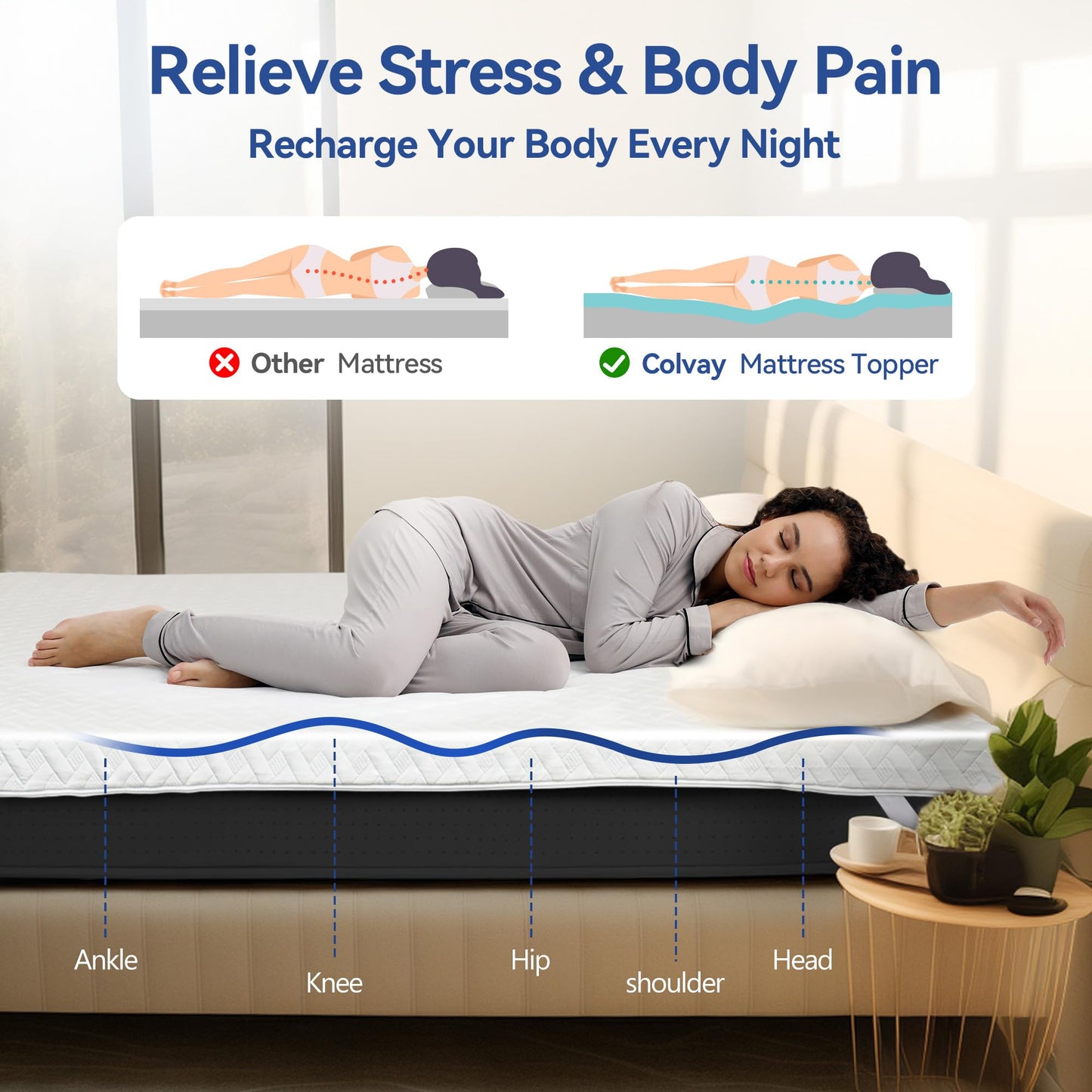 Colvay 3 Inch Gel Memory Foam Mattress Topper Queen Size for Back Pain, Cooling Mattress Pad Bed Topper with Removable and Washable Bamboo Cover, CertiPUR-US & Oeko-Tex Certified – White