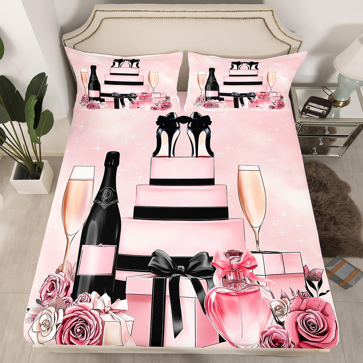 Erosebridal Pink Fashion Girly Bed Sheets King Retro Rose Floral Sheet Set for Girls Women Kids Teens High Heel Perfume Sheets Modern Coquette Bow Trendy Elegant Aesthetic Bedding Set,Pink and Black