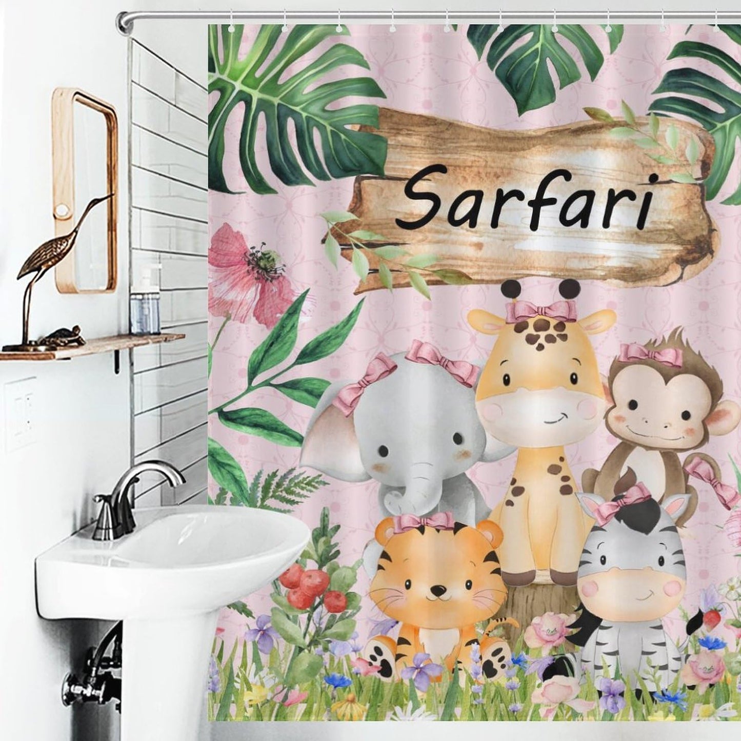 TKUYO Kids Safari Animals Shower Curtain, Cartoon Giraffe Elephant Monkey Woodland Jungle Tropical Leaf Pink Waterproof Fabric Bathroom for Baby Kids Shower Curtain Set with Hooks, 72"x72" Inch