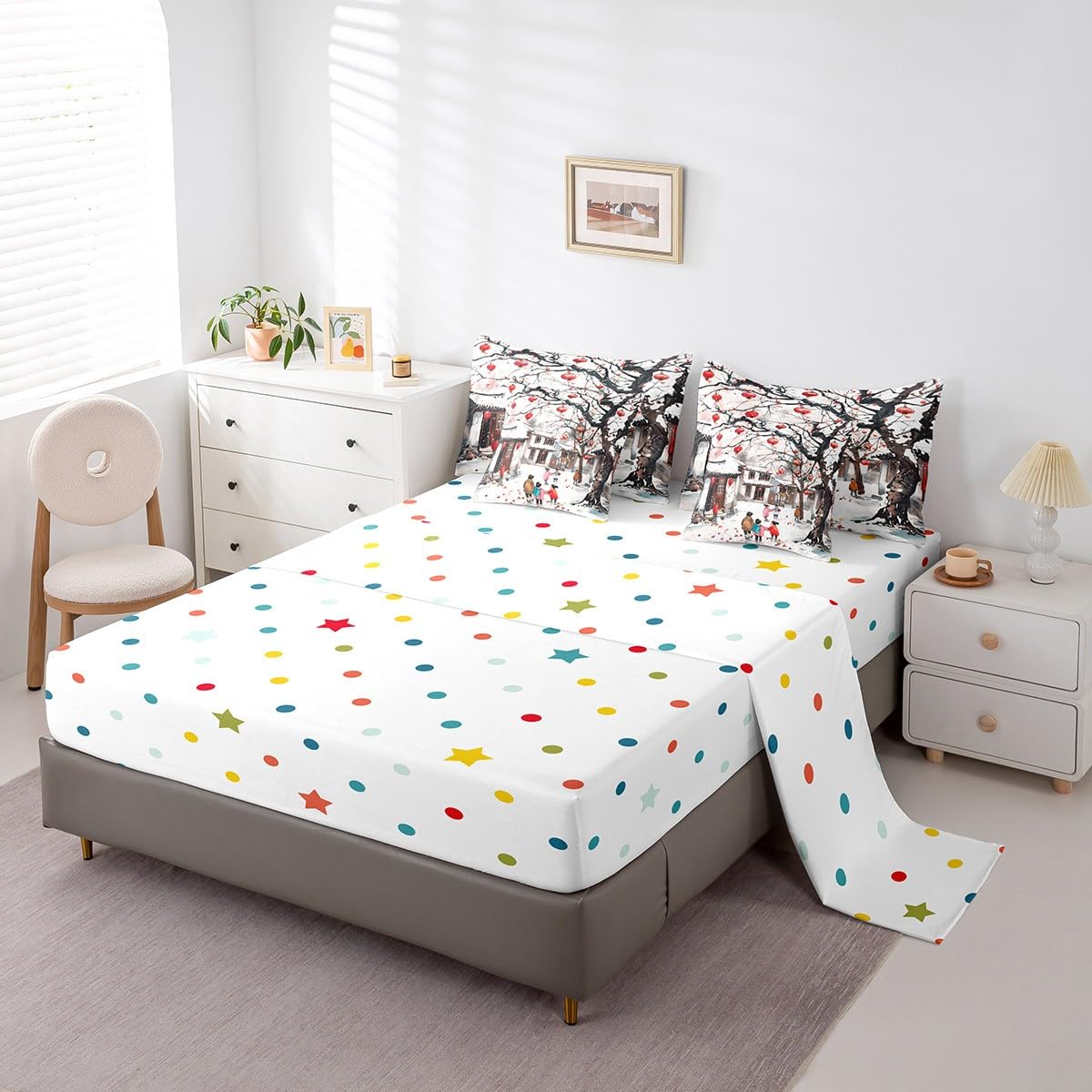 Erosebridal Festival Lantern Bedding Set King Size, Winter Trees Buildings Comforter Set, Chinese Style Kids Teens (Comforter+Fitted+Flat Sheet+2 Pillowcases+2 Throw Pillow Covers) 7 Pieces Bed Set