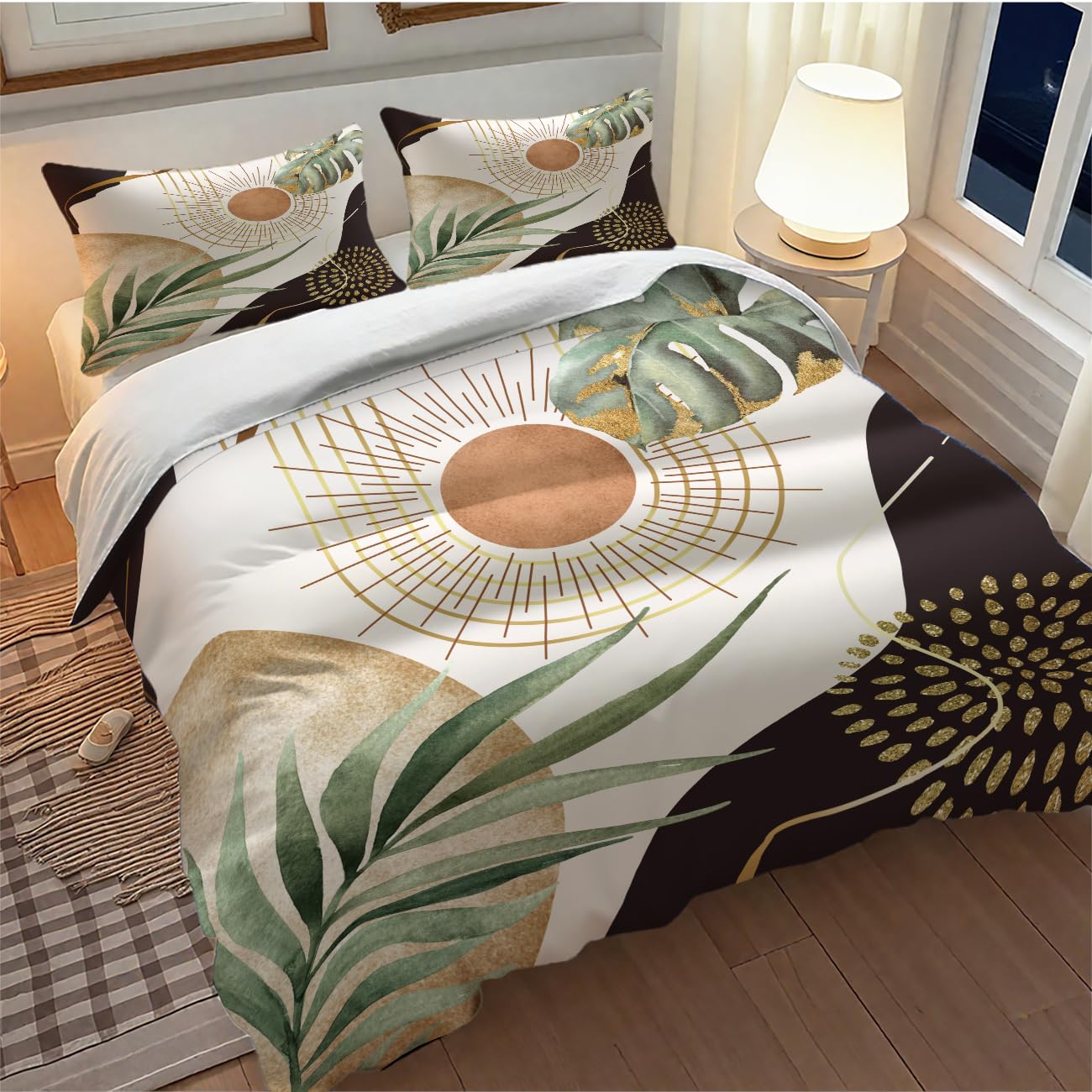 Lnepty Boho Sunrise Bedding Set,Mid Century Aesthetic Tropical Palm Leaves Abstract Minimalist Comforter Set with Pillowcase for Bedroom Bed Decor，Twin 86"x70"
