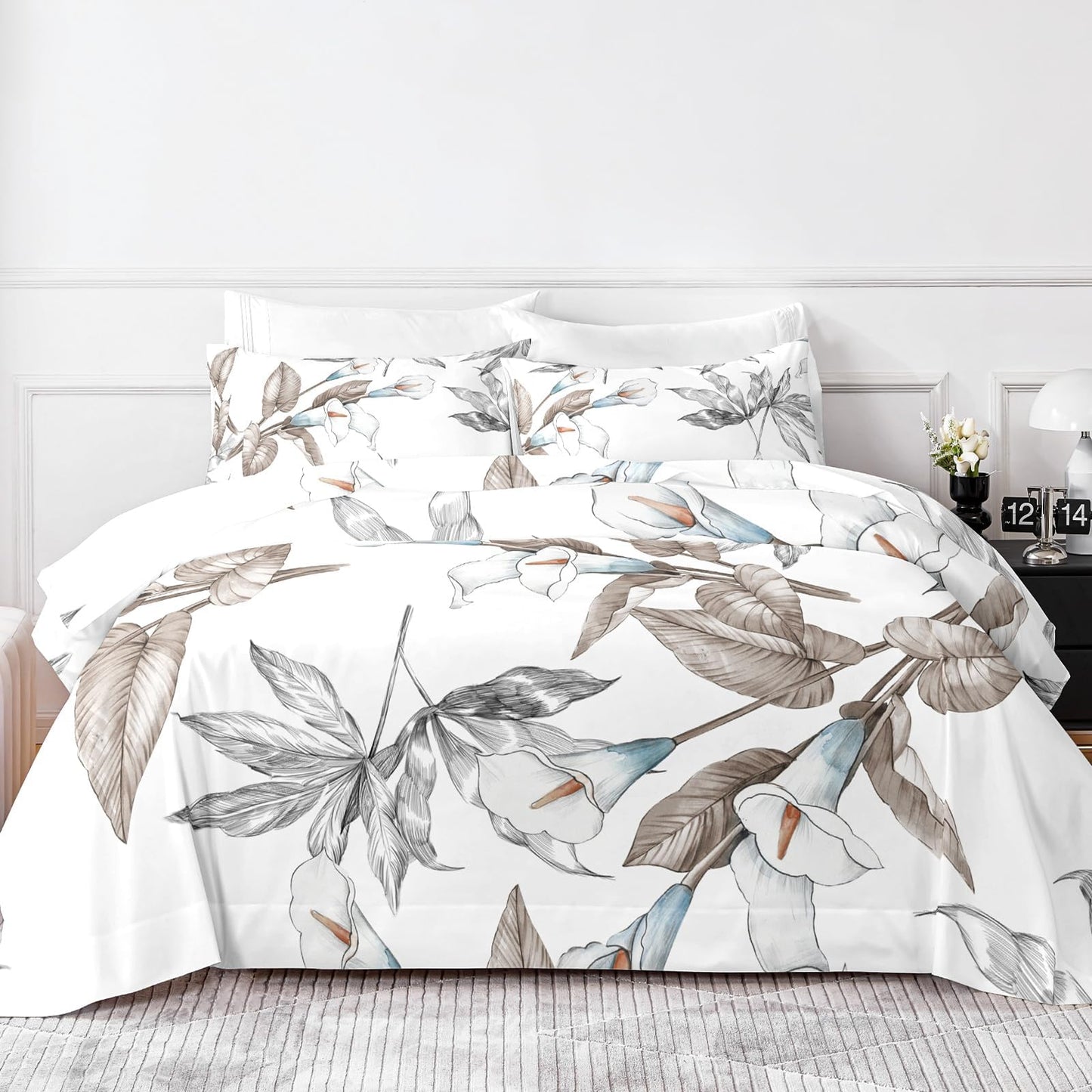HCORA Floral King Size Sheets Set, Luxury 1800TC Hotel Quality Double Brushed Microfiber Deep Pocket Bed Sheets, Ultra Soft, Breathable and Cooling, 4PC, King