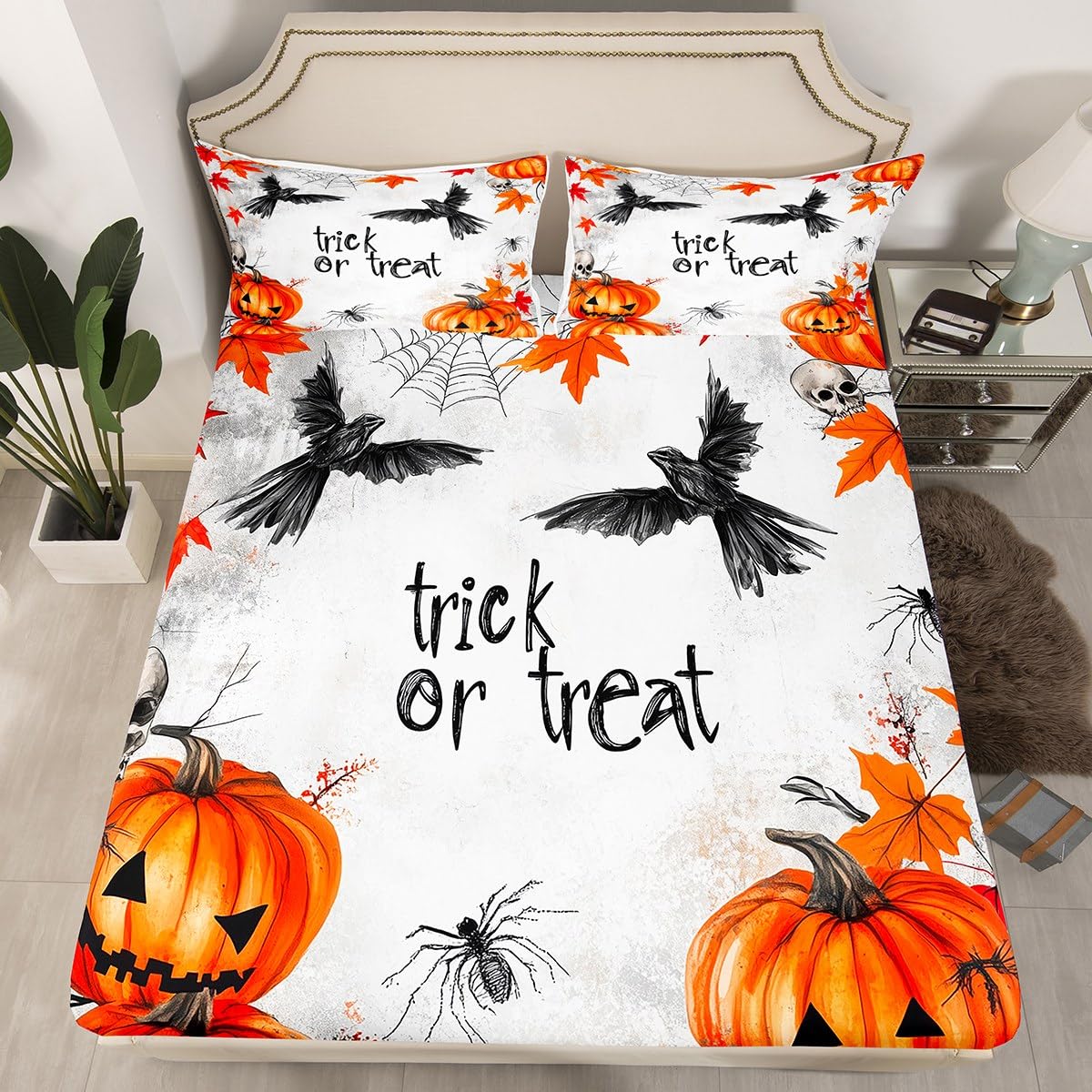 Feelyou Kids Halloween Bed Sheet Set Full Size, Pumpkin Fitted Sheet Boys Girls Trick or Treat Bedding Set Spider Web Teens Bedroom Decor (2 Pillow Cases and a Fitted Sheet)