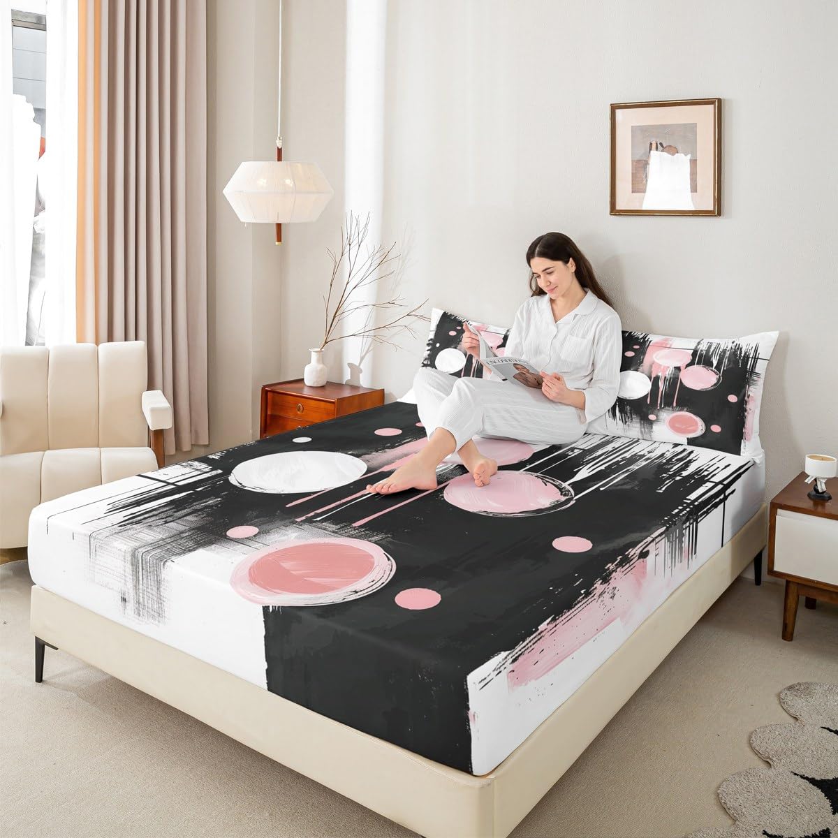jejeloiu Retro Circle Fitted Sheet with 1 Pillowcase Twin Size Black and Pink Abstract Bed Sheets Set 16" Deep Pocket Boys Girls Bedding Teens Bedroom Decor Breathable Soft