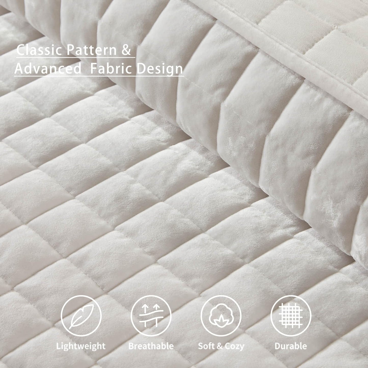 LEAONME Velvet Quilt California King-118''x106'', Lightweight White Velvet Comforter Set with 2 Pillow Shams, Soft Oversized Bedspread Coverlet Quilted Bedding Set for All Season