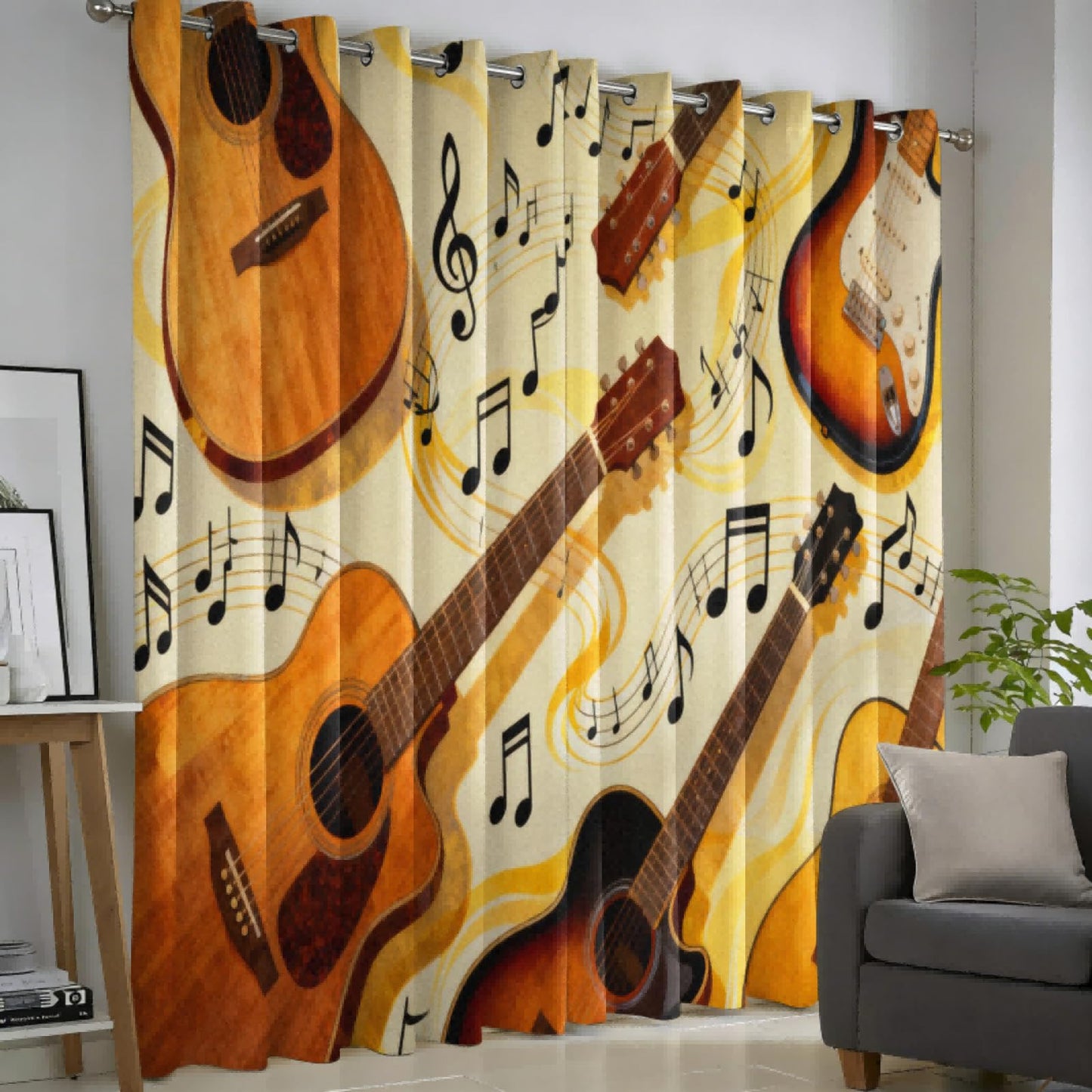 MBVZGUK Vintage Guitar Music Note Curtains 96 Inch Long 2 Panels, Classical Acoustic Electric Guitar Pattern Window Drapes, Thermal Insulated Blackout Curtains for Music Studio