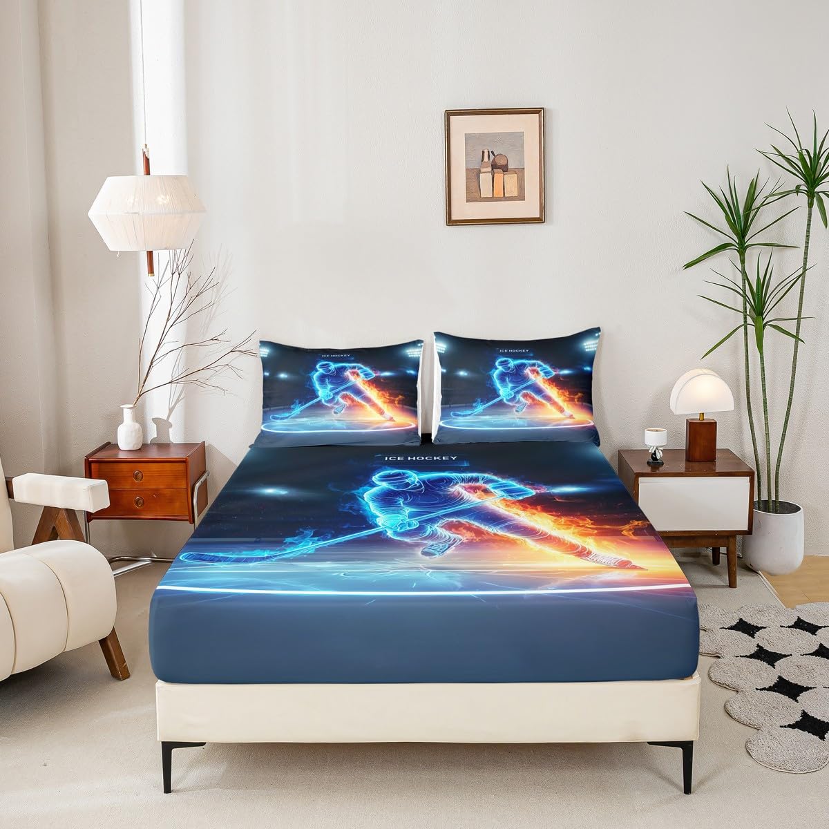 Ice Hockey Fitted Sheet Queen,Ice Fire Athlete Bedding Set 3pcs for Kids Teens Boys Girls Room Decor,Game Sport Bed Cover Modern Bed Sheet Set with 2 Pillowcases