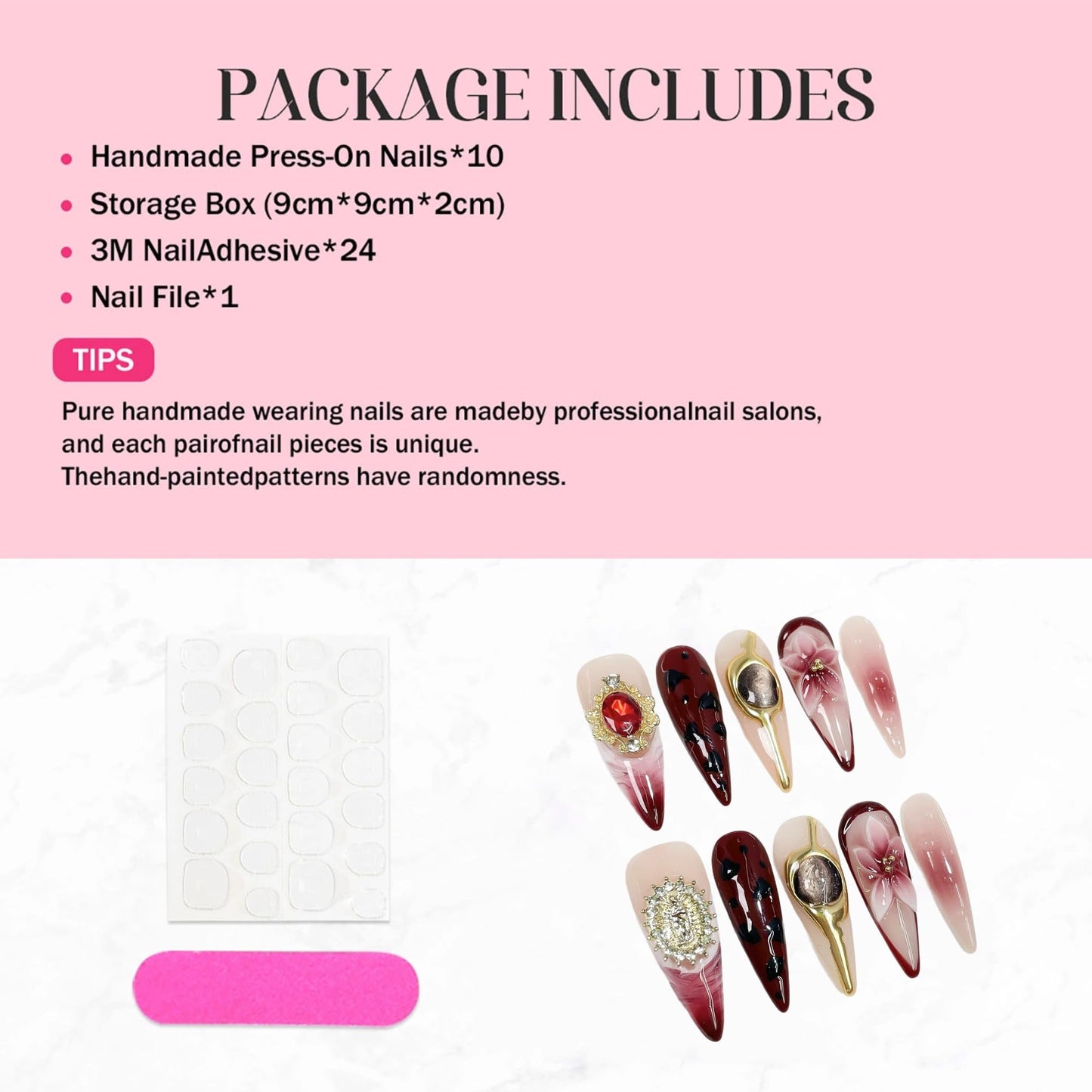 Handmade Press on Nails Long - Burgundy French Tips 3D Floral Fake Nails Glossy Stiletto False Nails with 3D Cat's Eye and Charms Designs Acrylic Nail Sparkly Stick on Nail for Women 10Pcs (Size M)