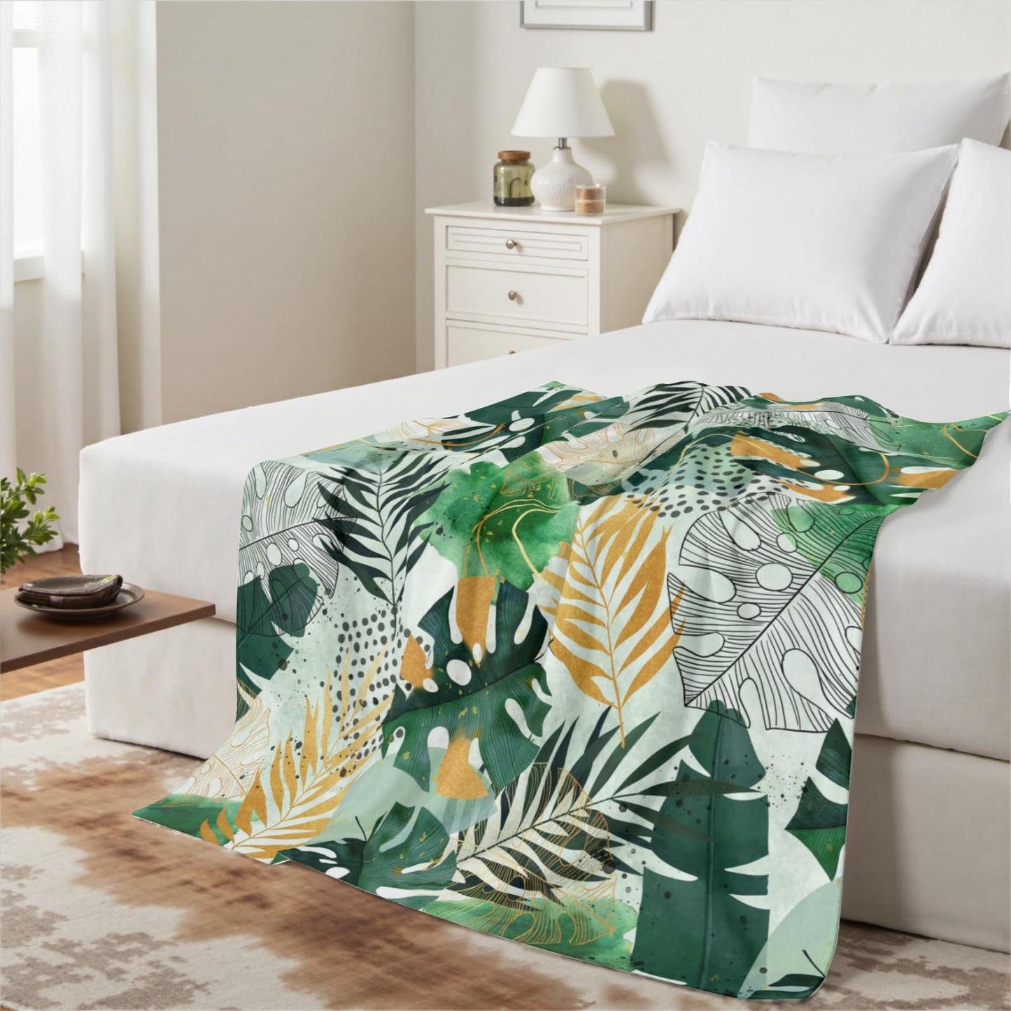 Tropical Blanket Green and Gold Botanical Leaf Throw Blanket Nature Plant Lightweight Soft Cozy Flannel Blankets Gifts for Living Room Couch, Home,Sofa Decor 50 x 60 Inch