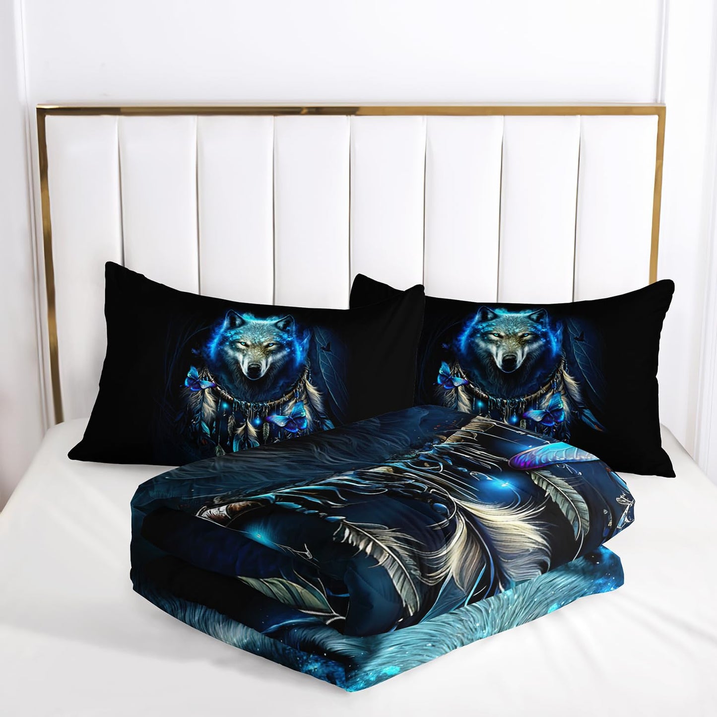 AILONEN Wolf Dream Catcher Comforter Set, Queen Size, Blue Wolf Head Printed Bedding Set, Butterfly Duvet Set for Boys & Girls Bedroom Decor, 3 Pieces, 1 Quilt and 2 Pillowcases
