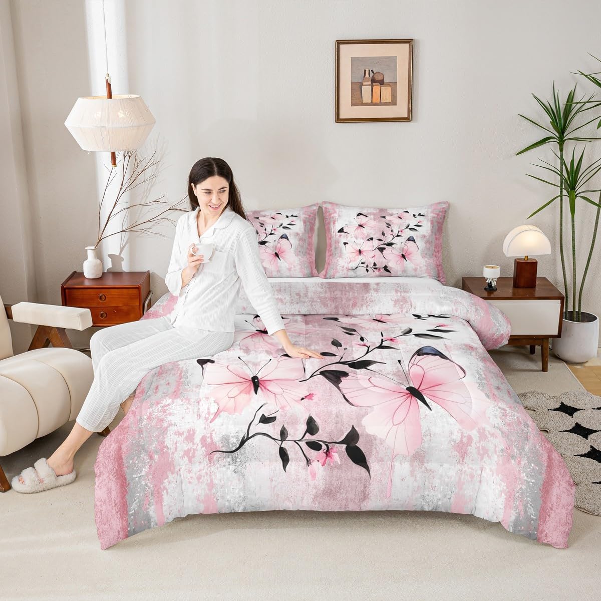 Erosebridal Abstract Oil Painting Queen Comforter Set Rustic Farmhouse Bedding Set Watercolor Butterfly Bed Set Ombre Pink Butterflies Quilt Set for Women Girls Adults