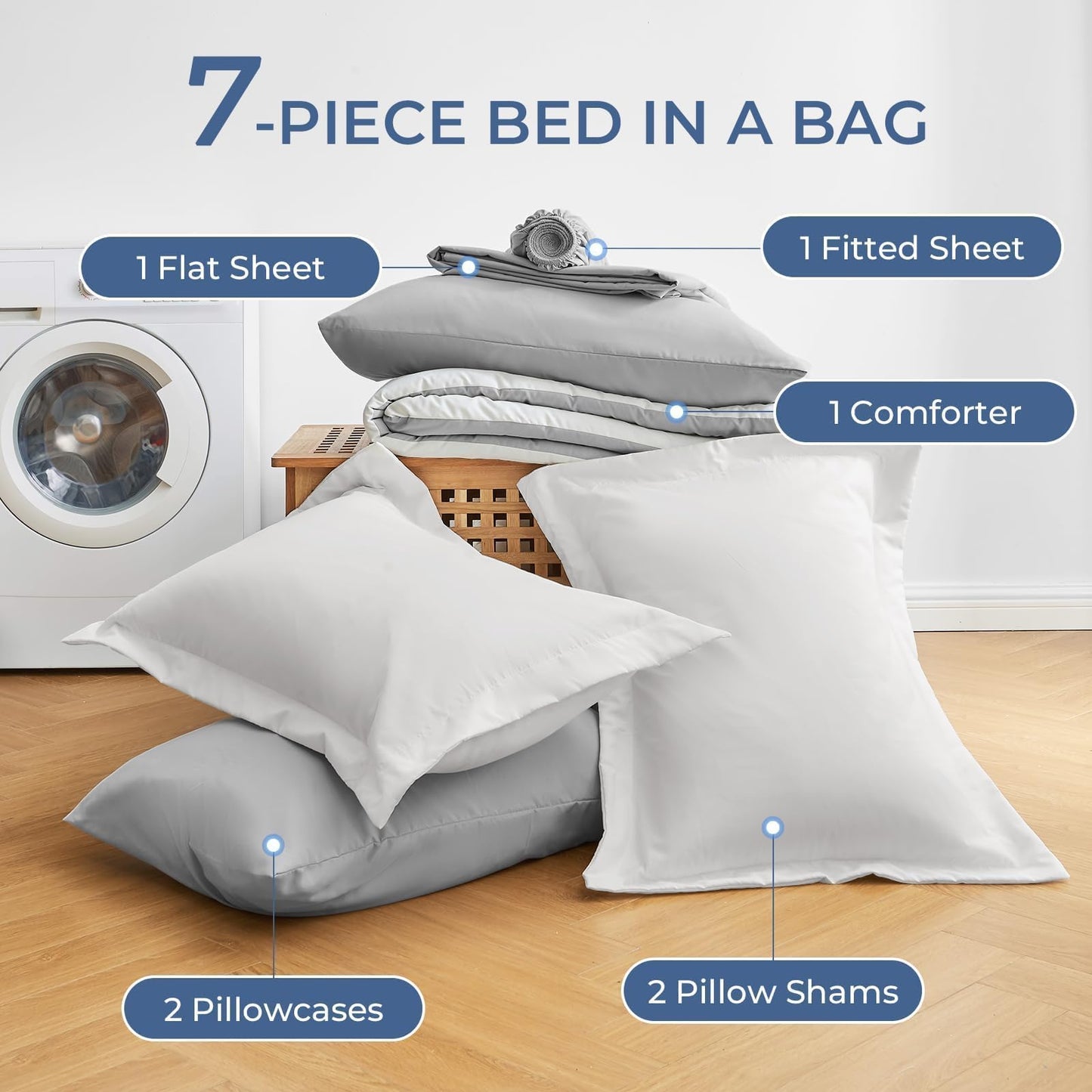 Sasttie Queen Comforter Set, 7 Pieces Bed in a Bag Queen, Complete Bedding Set Includes Comforter, Flat Sheet, Fitted Sheet, Pillowcases and Pillow Shams, Ivory & Light Grey