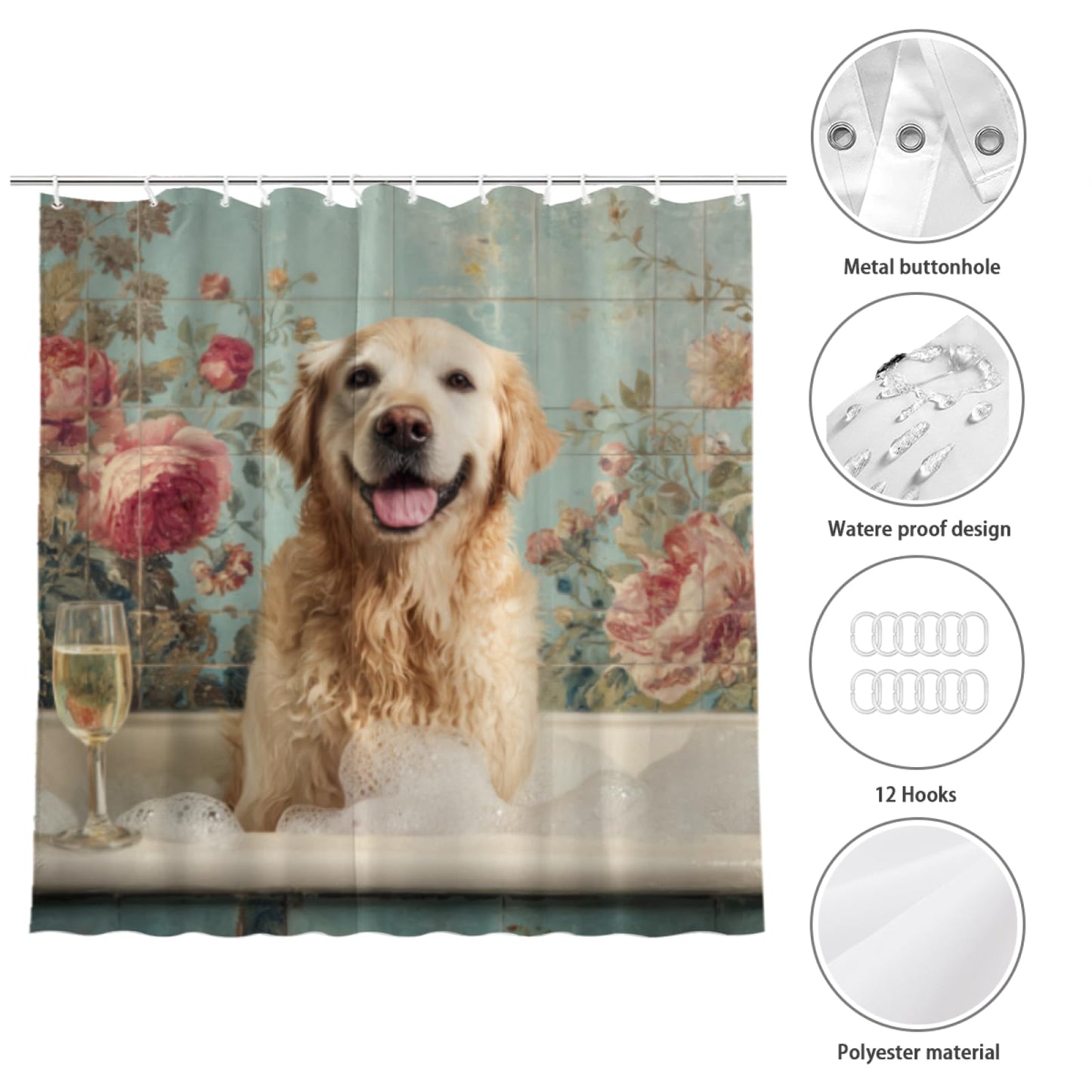 Wordatu Golden Retriever Shower Curtain 72x72 Inch Fabric 12 Hooks Bath Soap Shower Curtain Fun Ocean Teal Green Bathtub Waterproof Polyester
