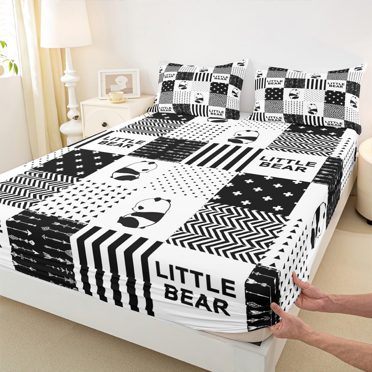 Cute Panda Kids Fitted Sheet Queen Size,Wild Animals Geometric Grids Stripes Patchwork Bedding Set,Boys Girls Adults Room Decor,Arrows Boho Bed Cover,Black White Bed Sheet,2 Pillowcases