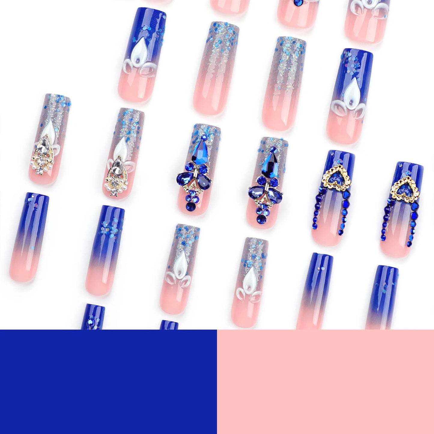 RTKHFZE Extra Long Press on Nails Square Fake Nails French Tip Acrylic False Nails with Blue Gradient Nails Designs with Rhinestones and Flower Artificial Nail Full Cover Glue on Nail for Women