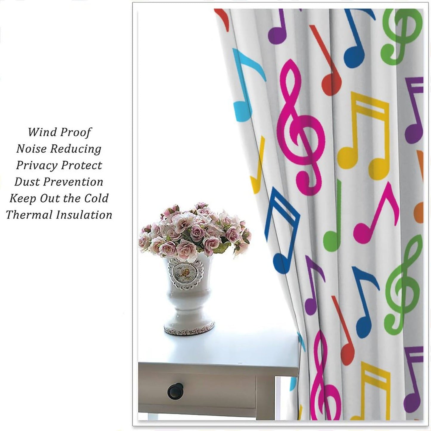 DDCBNS Music Equalizer Note Pattern Polyester Fabric Window Treatments, 2 Panel Set, Total Size 42" x 45", White, Rod Pocket, Unlined, 70% Opacity, Bedroom, Living Room, Music Room, Study