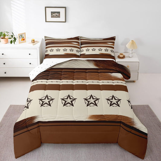 Cow Fur Comforter Set for Girls Boys Children Rustic Western Farm Comforter Cover Bedding Set Room Decor Cowboy Texas Stars Exotic Ethnic Stripes Duvet Set Queen Size Comforter Inner Fill 2Pcs