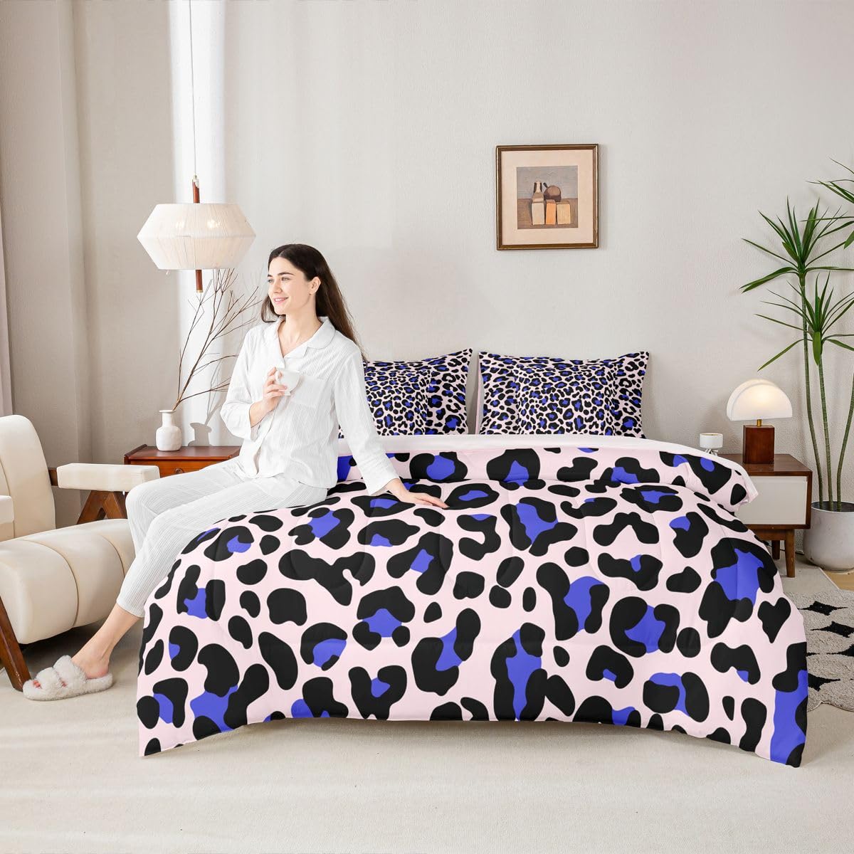 Erosebridal Cheetah Print Comforter Set King Size for Boys Pink Leopard Print Bedding Set 7 Piece Cat Panthera Animal Skin Bed in A Bag for Kids Teens Youth Women Room African Safari Wildlife Sheets