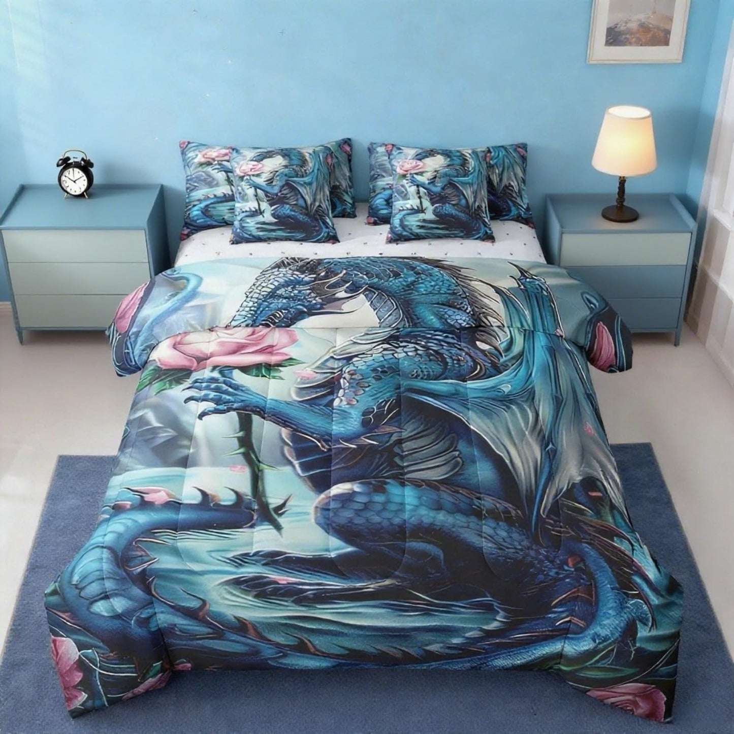 Erosebridal Floral Dragon Comforter Sets with Sheets - Magical Animal Bedding Set Queen for Boys Girls Pink Rose Dragon Theme 7Pcs Bed in A Bag Cute Wildlife Bed Set