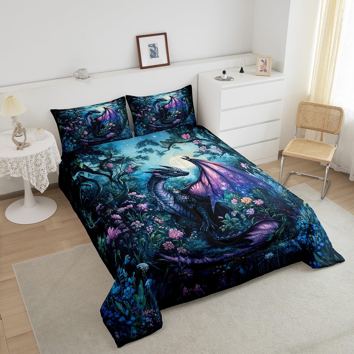 Feelyou Dragon Comforter Set Twin Size Comforter for Boys Girls Teens Wild Life Bedding Set Jungle Dragon Duvet Set Room Decor Balck Blue Quilt Set