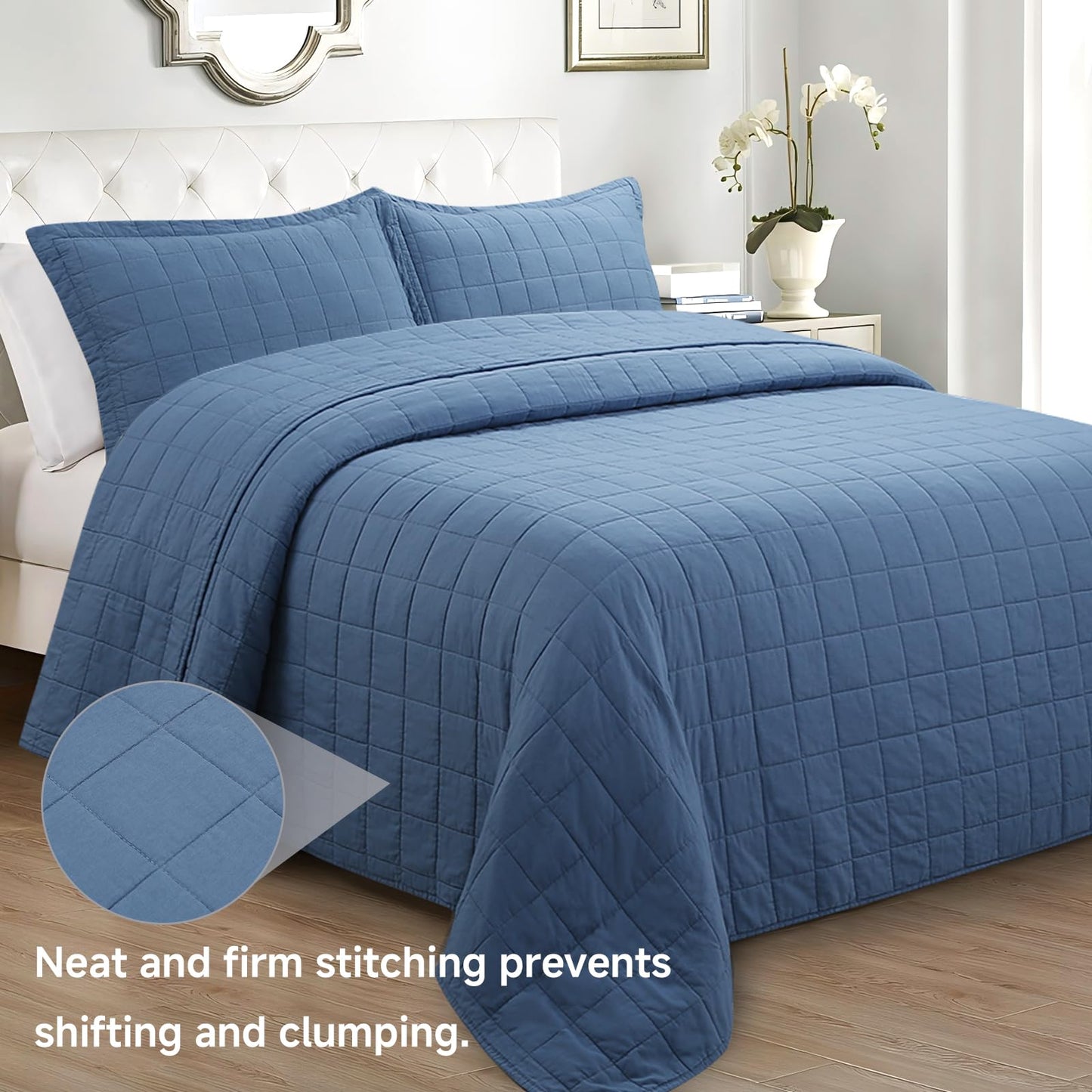 FFQSS Quilt Queen Size Bedding Sets - 100% Cotton Lightweight Luxury Comforter Set, Full Size Stitching Bedspreads Coverlet with 2 Pillowcase Suit for All Season, Blue