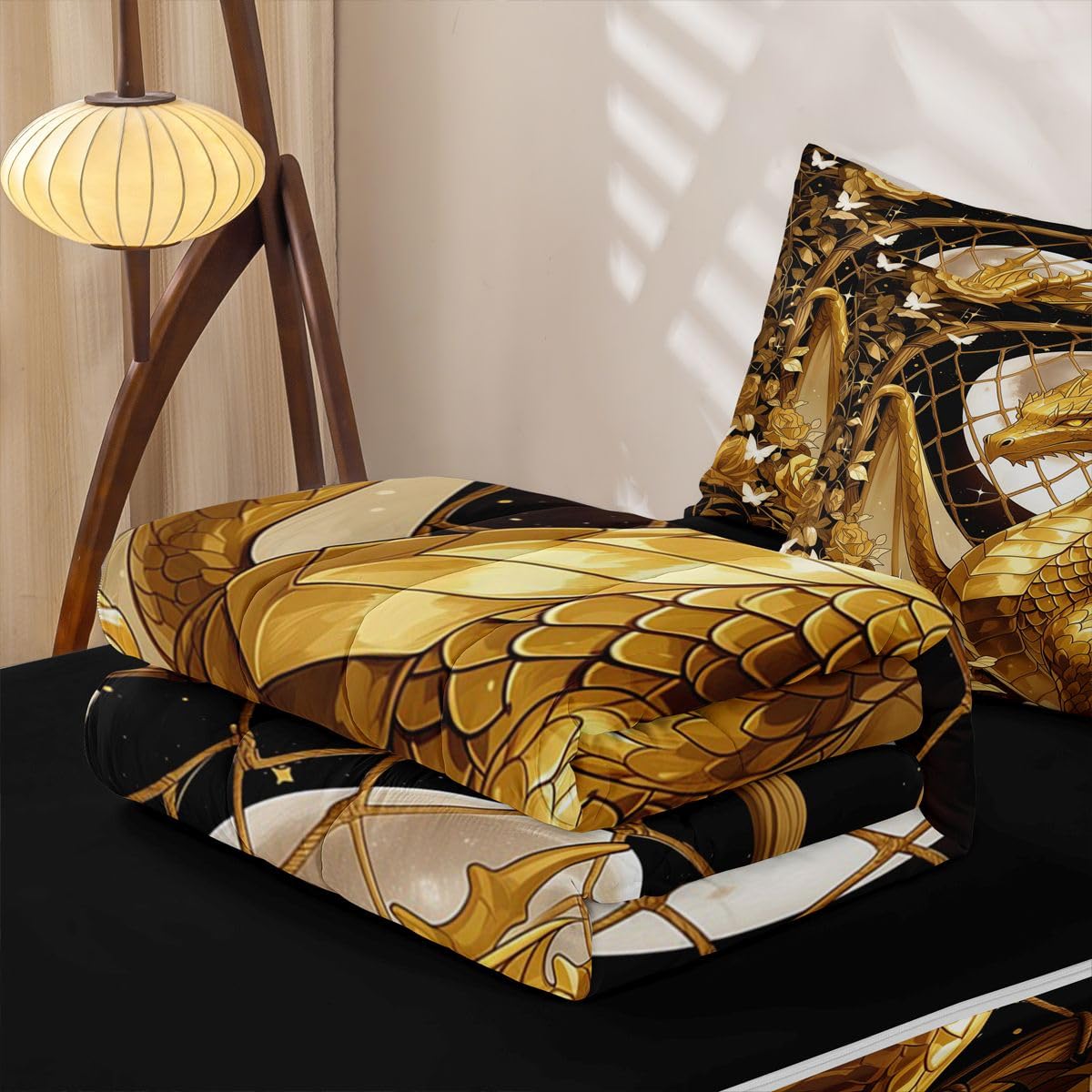 jejeloiu Flying Dragon Zipper Bedding for Kids Twin Size Gold Rose Floral Bed in a Bag with Sheets, Comforter, Pillowcases Fantasy Animal Comforter Set for Boys Girls Ancient Wildlife Beddingh Sets