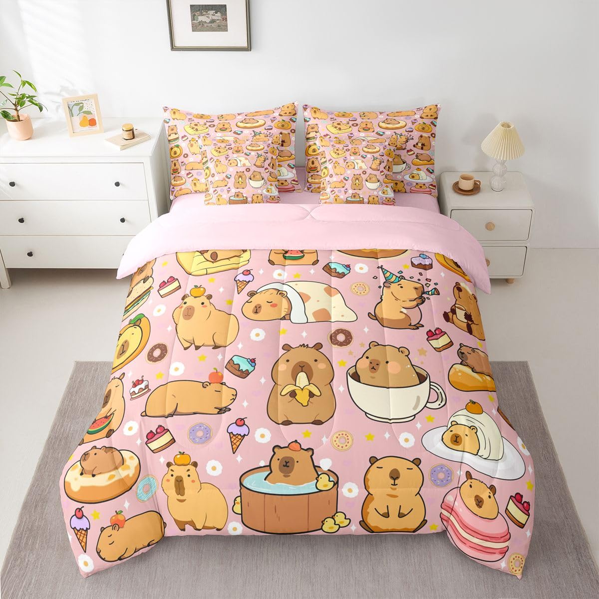 Funny Cute Capybaras 7 Pieces Bedding Set Twin Size,Capybara Lover Bed in a Bag,Kawaii Rodent Animals Bed Set Includes Comforter,Sheet Set,Pillowcases & Pillow Covers,Cakes Ice Creams Bedroom Decor